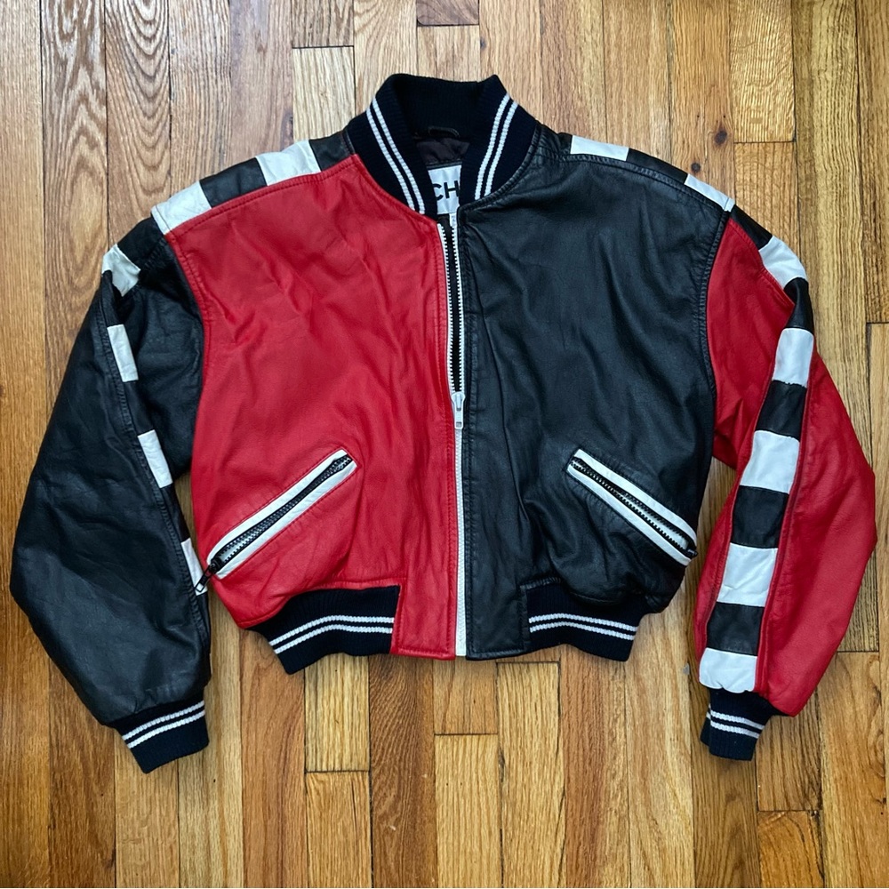 Vintage Colorblock Leather Bomber Jacket